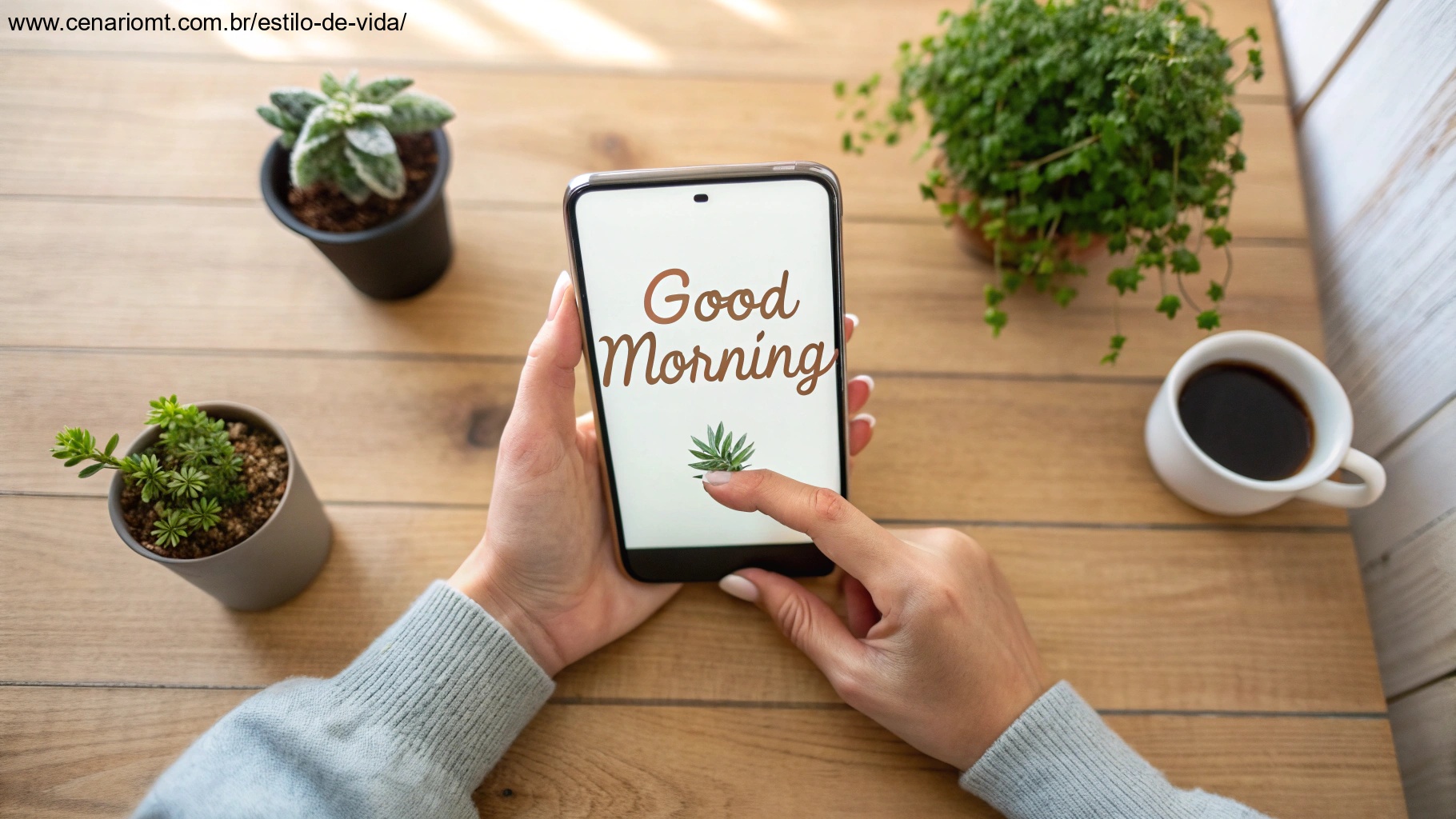 Um par de mãos segurando um celular com uma mensagem de bom dia calorosa na tela, cercado por pequenas plantas e um ambiente aconchegante.