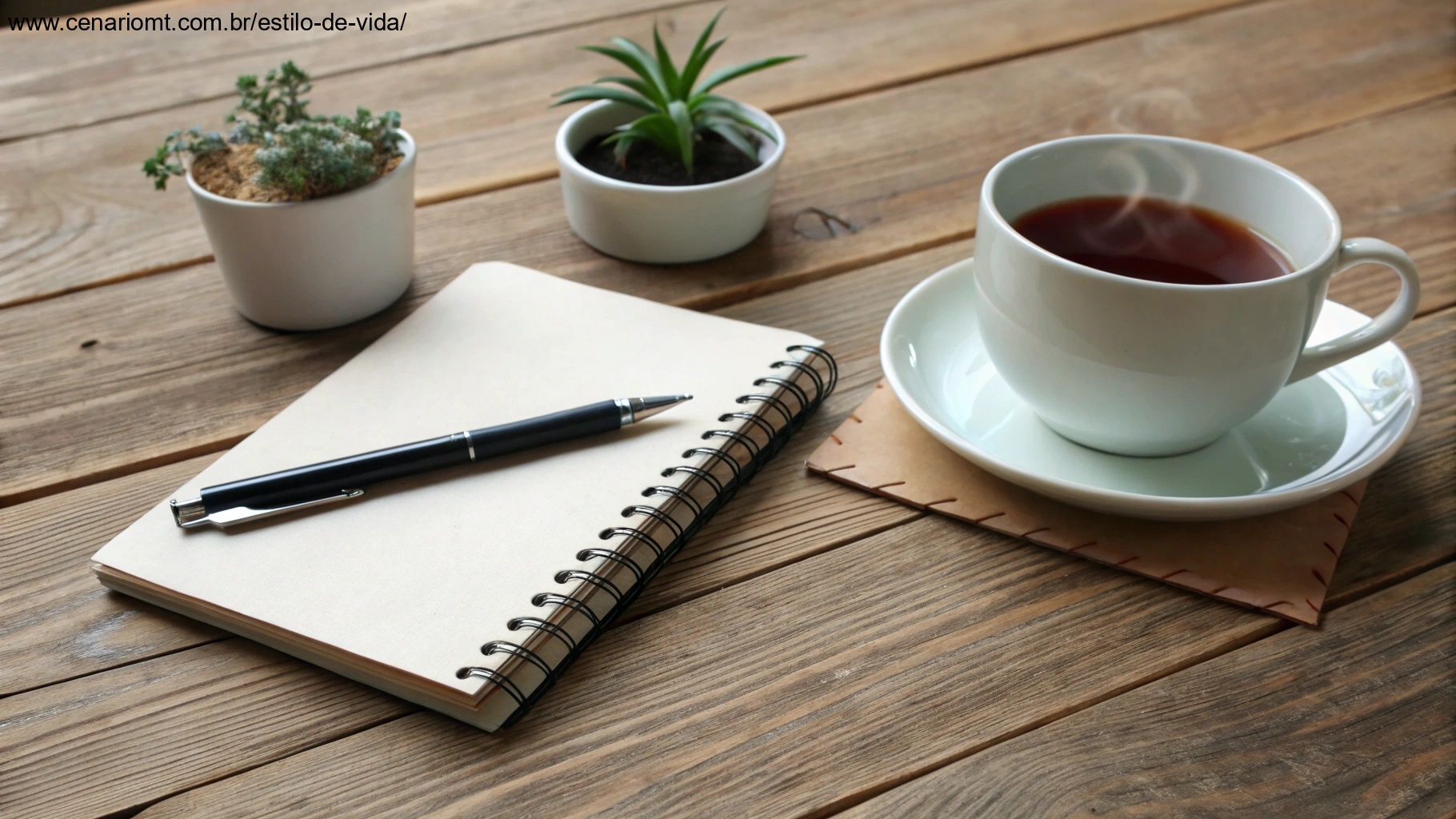 Caderno e caneta sobre uma mesa de madeira, com uma xícara de chá fumegante e uma pequena planta, representando criatividade e rotinas matinais reflexivas.