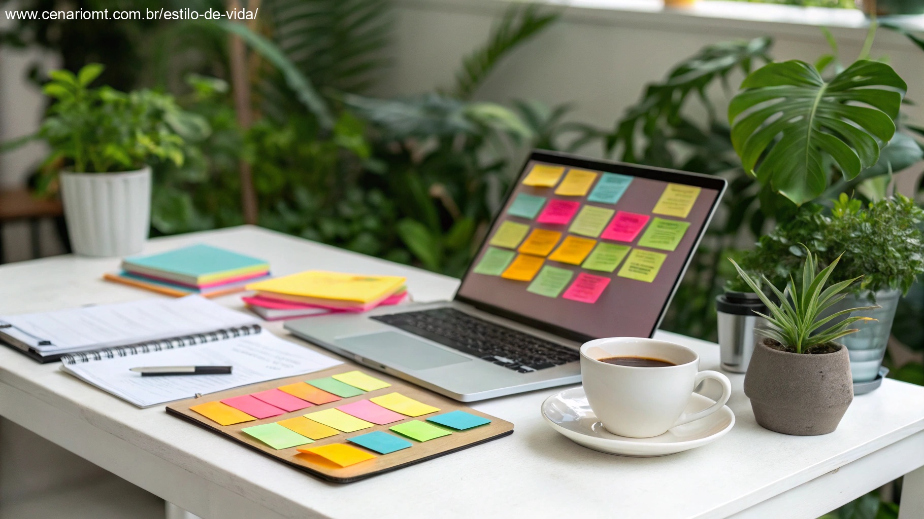 Mesa de trabalho criativa com post-its coloridos, um laptop e uma xícara de café, cercada por plantas, representando dicas para criar mensagens de bom dia únicas e cheias de significado.