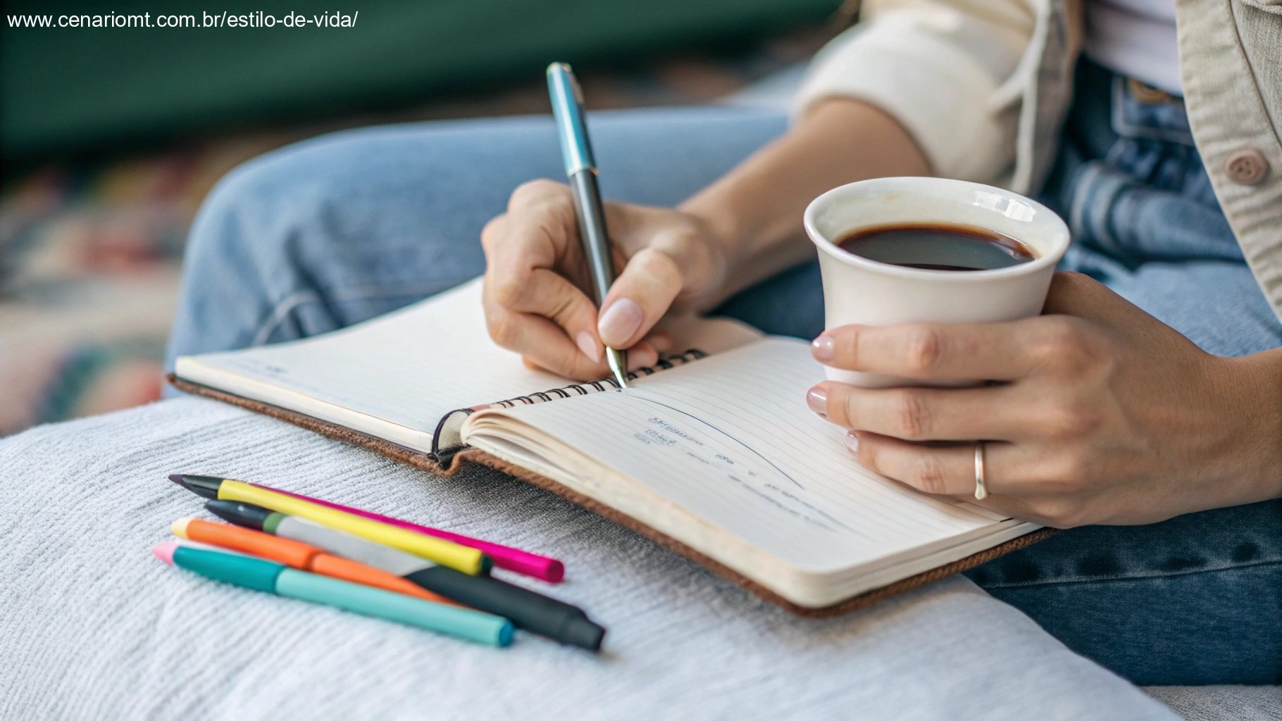 Close-up de mãos escrevendo uma mensagem de bom dia em um caderno, com café e canetas coloridas.