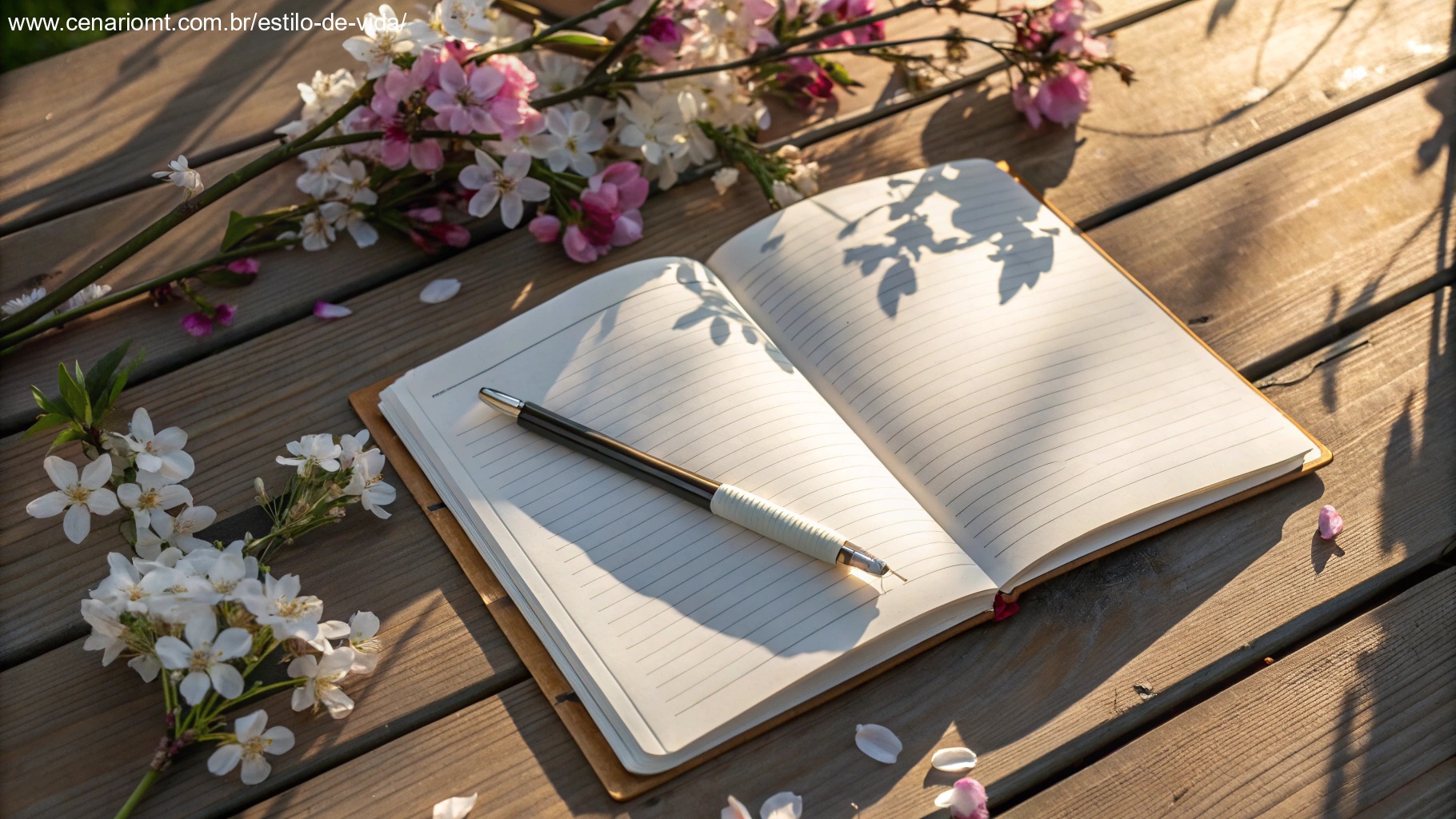 Um caderno aberto em uma página em branco com uma caneta sobre ele, cercado por flores e luz do sol, simbolizando criatividade e inspiração para criar uma mensagem de bom dia.