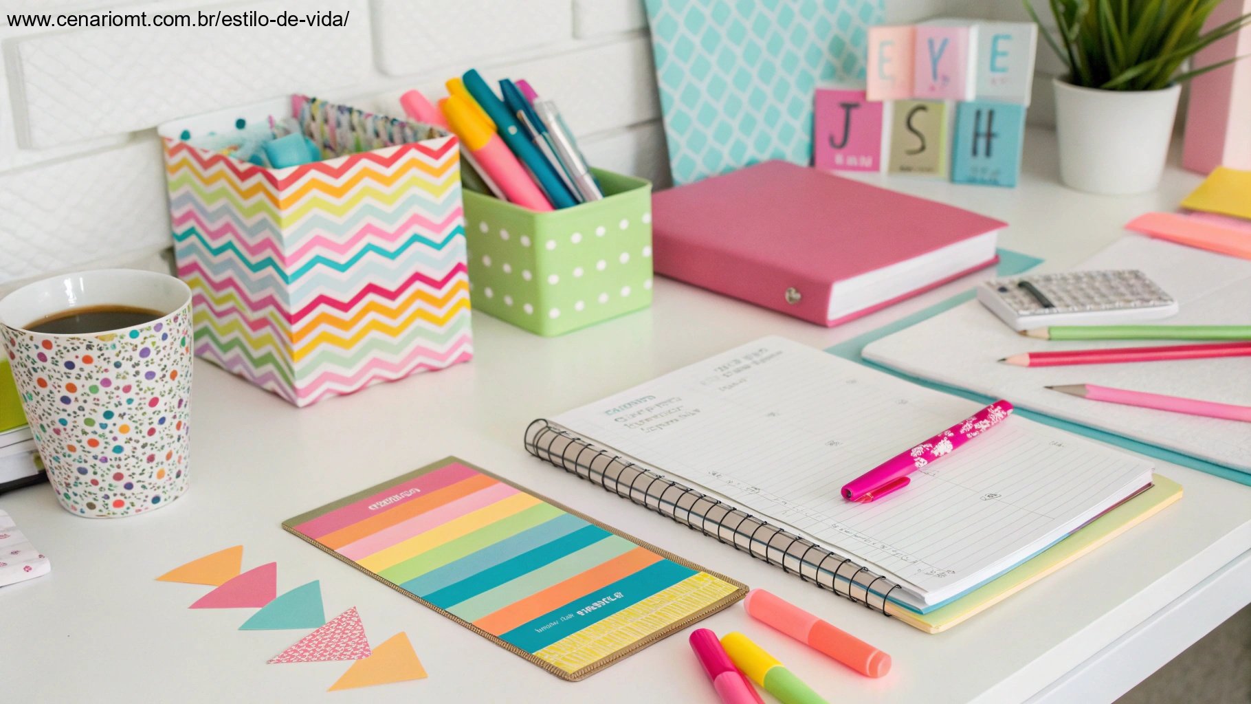 Espaço de trabalho criativo com material de papelaria colorido e citações inspiradoras, oferecendo dicas para criar suas próprias mensagens de bom dia.