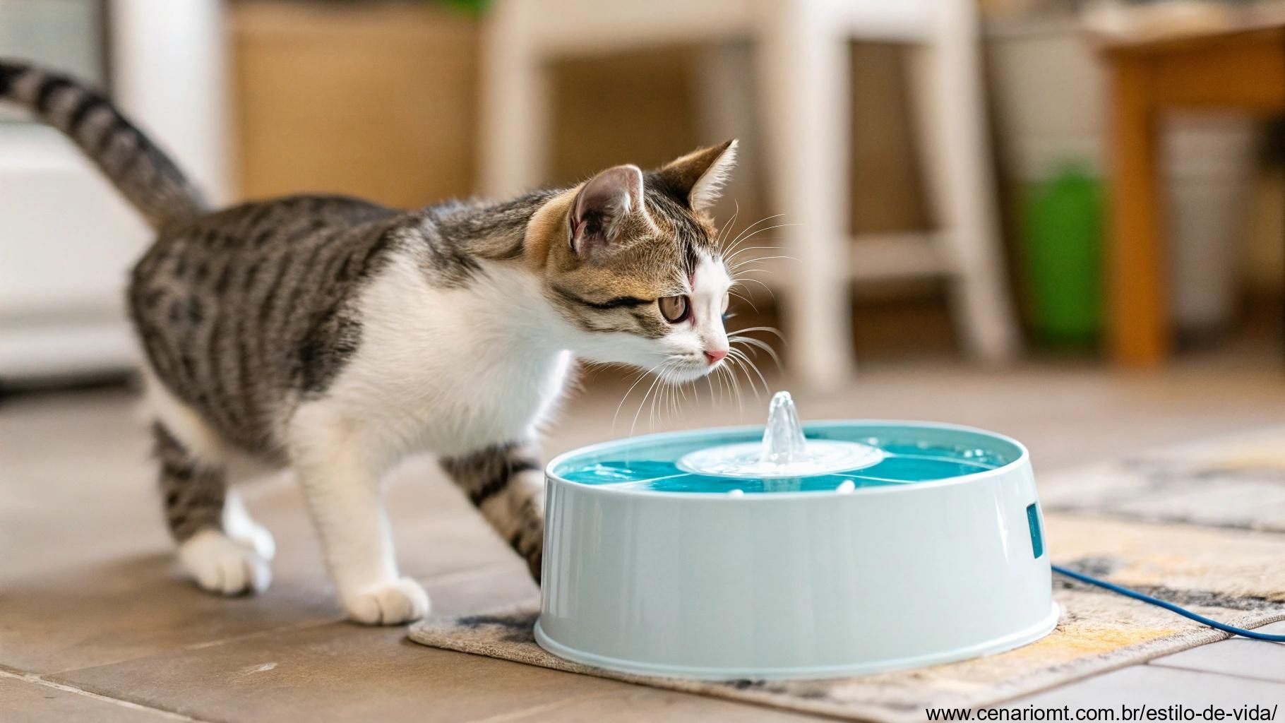 Gato se aproximando de uma nova fonte de água com curiosidade