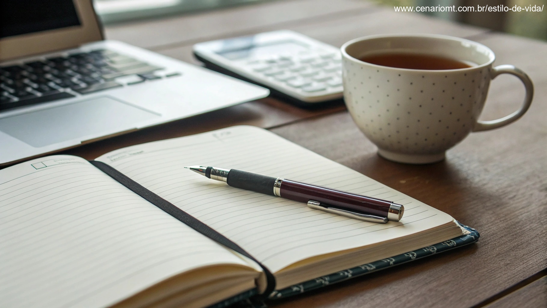 Uma escrivaninha com um caderno, uma caneta e uma xícara de chá, sugerindo ideias para personalizar mensagens de boa noite