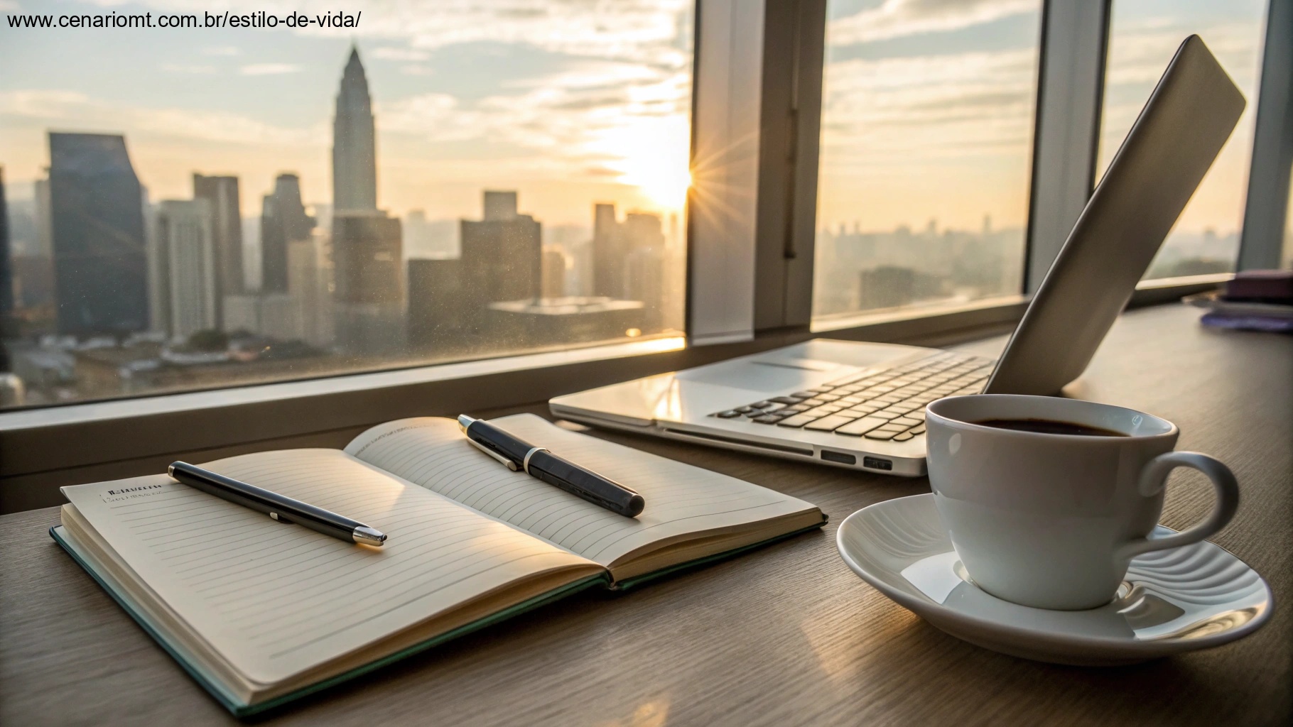 Uma mesa organizada com um caderno, uma caneta, um laptop e uma xícara de café, com vista para o horizonte da cidade ao nascer do sol, representando produtividade e foco para uma terça-feira.