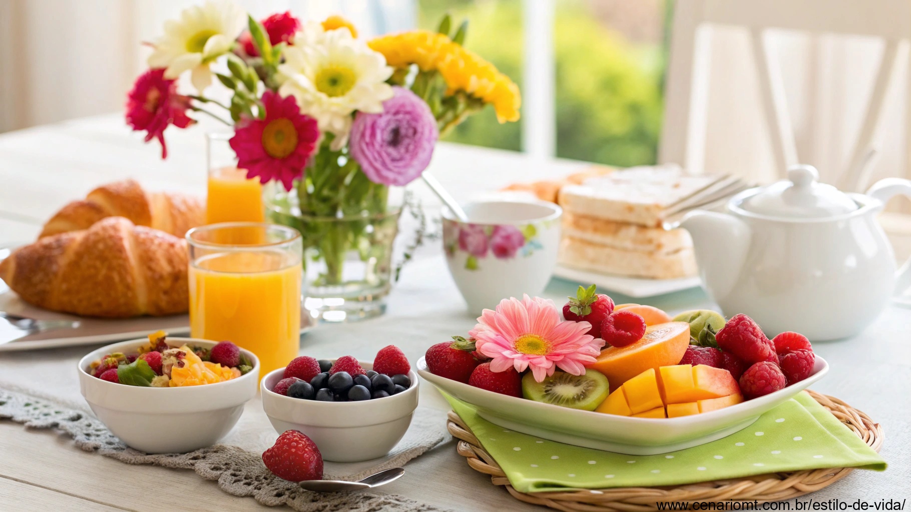 Imagem vibrante e alegre de um sábado de manhã com uma mesa de café da manhã posta com frutas frescas, flores e uma atmosfera aconchegante, sugerindo maneiras de tornar o dia especial.