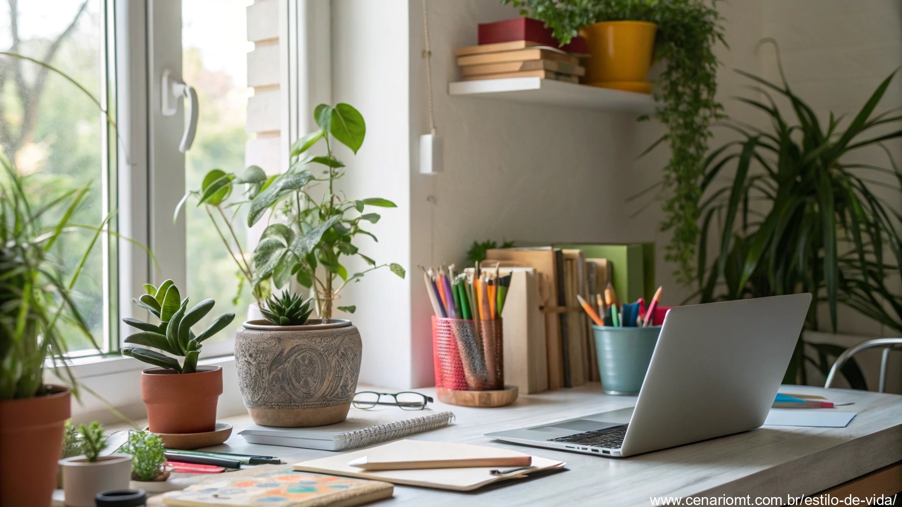Espaço de trabalho vibrante com luz natural, plantas e ferramentas organizadas, simbolizando dicas para uma terça-feira mais produtiva.
