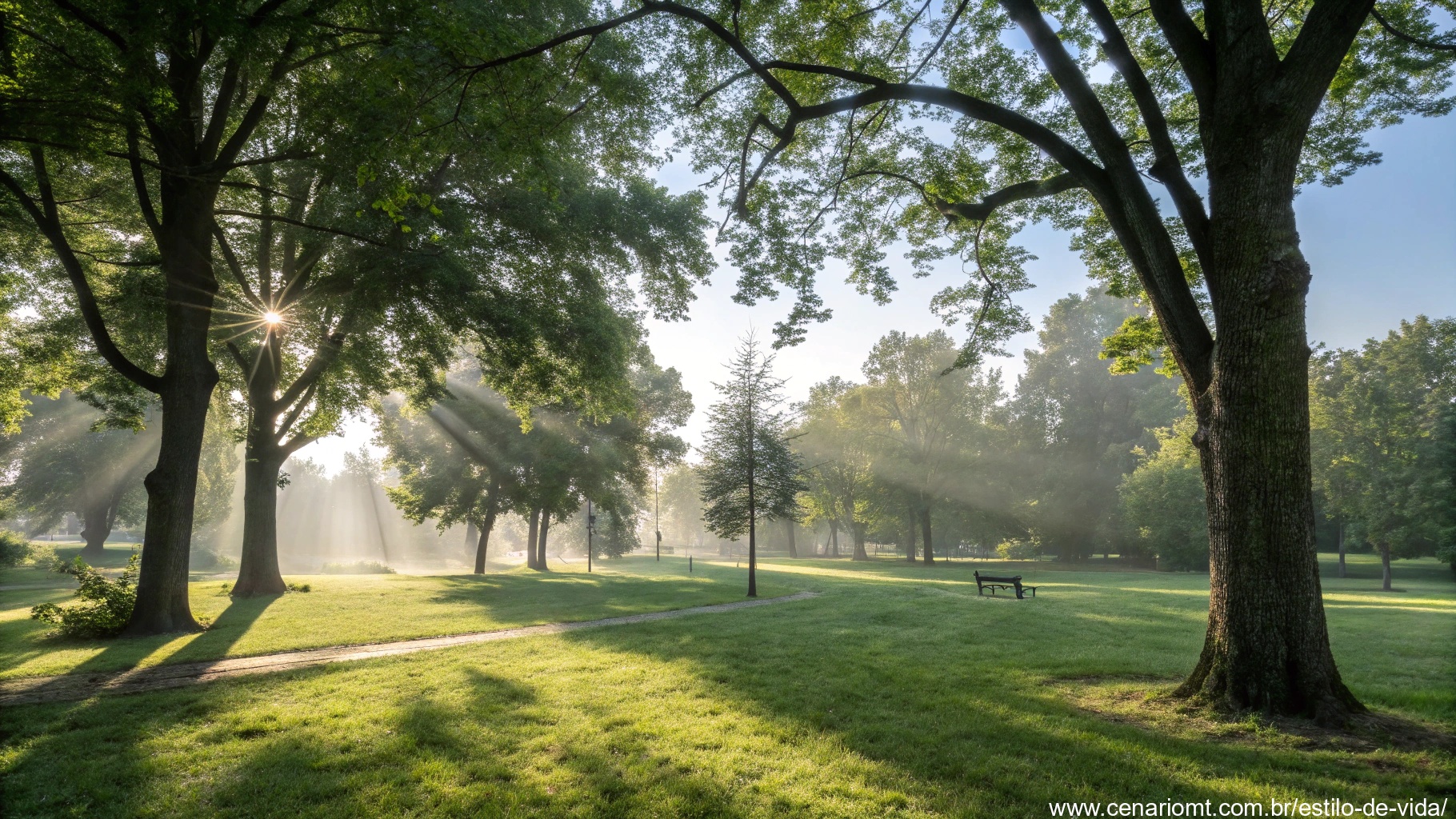 imagem de um domingo sereno com raios de sol iluminando árvores em um parque tranquilo
