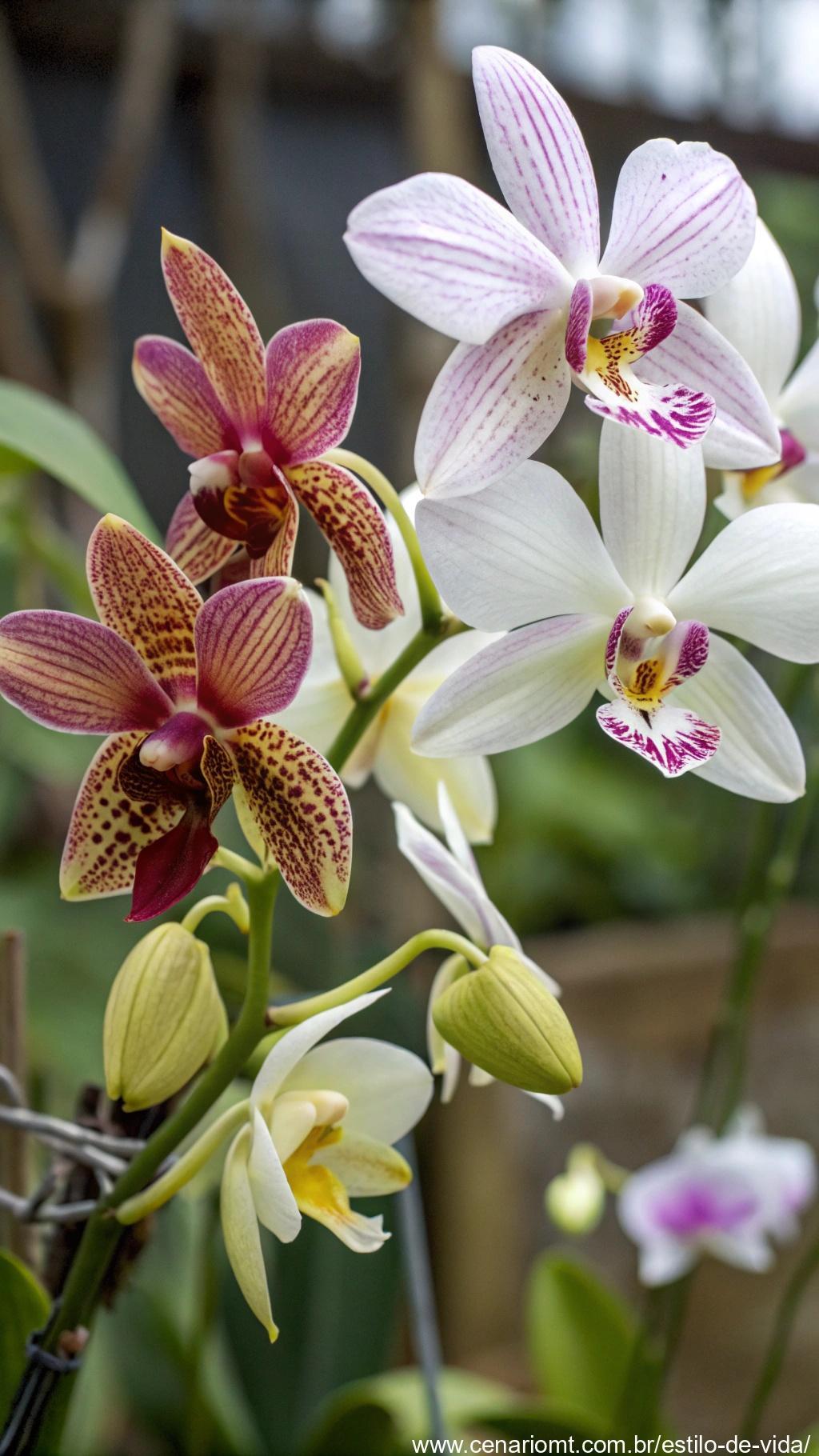 Close-up de diferentes espécies de orquídeas, destacando suas características únicas