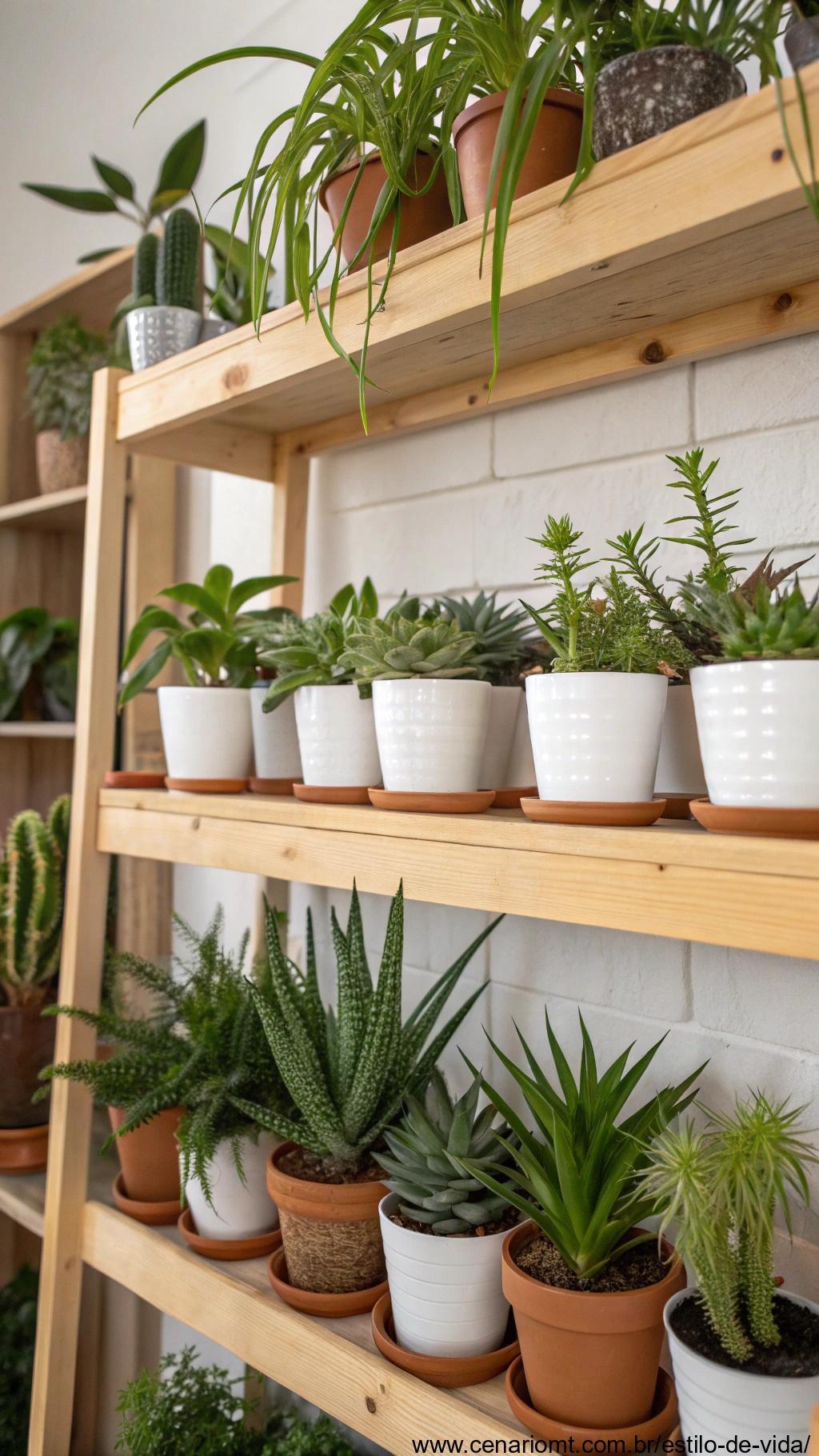Seleção de plantas de interior organizadas em uma prateleira de madeira, cada uma escolhida por sua adaptação a ambientes internos