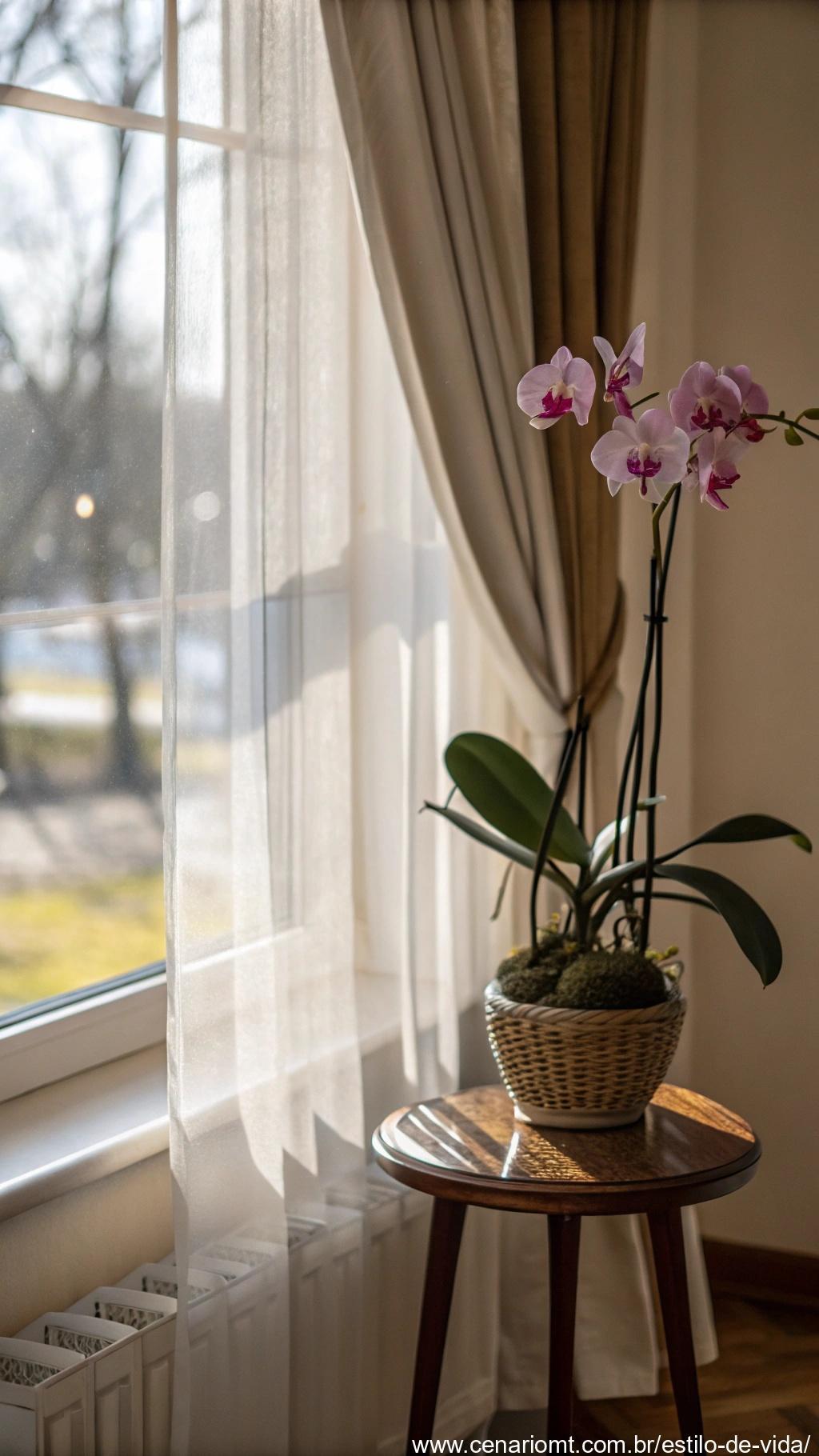 Canto claro de uma sala de estar com uma orquídea colocada em uma pequena mesa ao lado de uma janela com cortinas transparentes
