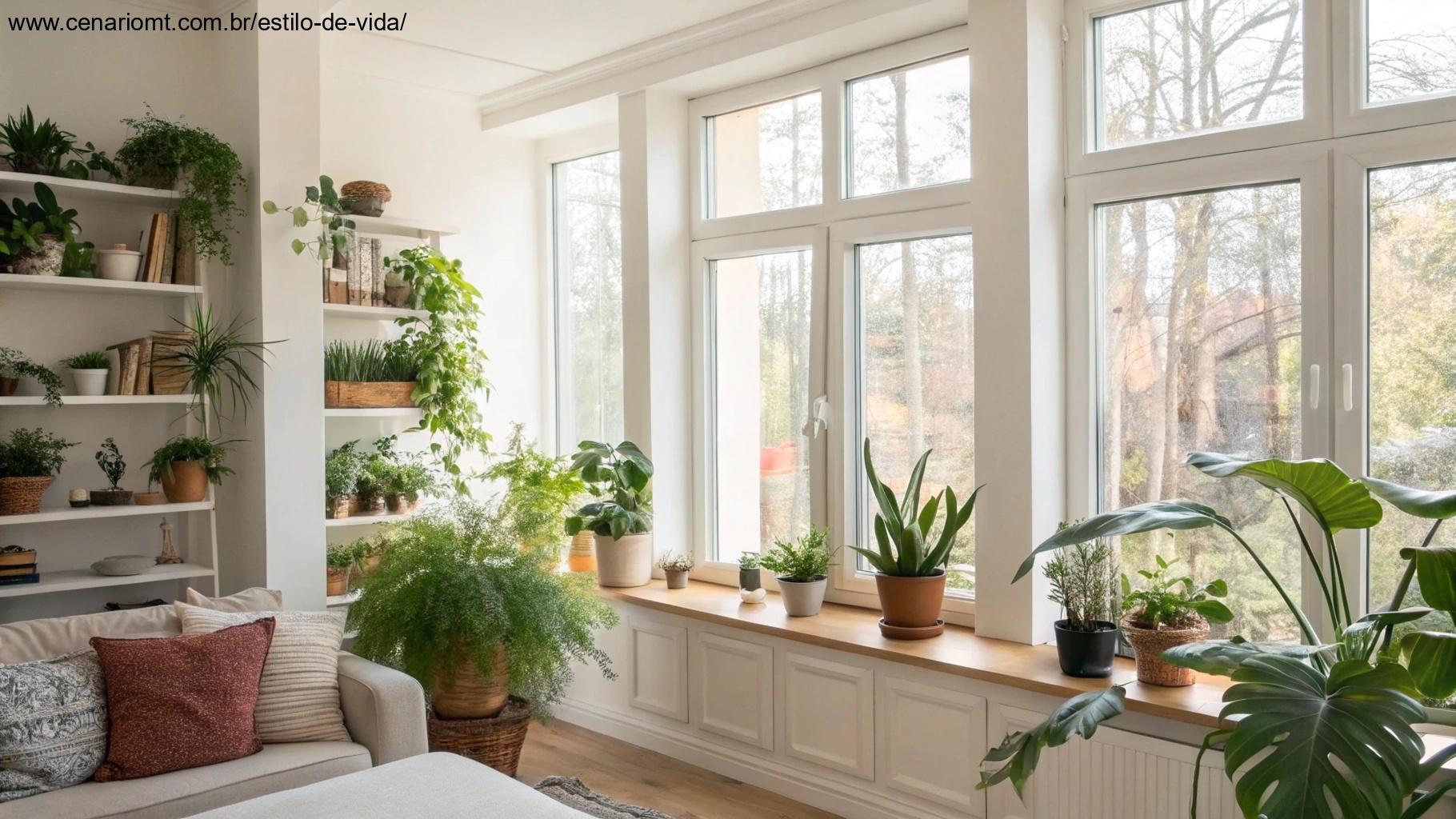 sala de estar clara e arejada com uma variedade de plantas estrategicamente colocadas para melhorar o espaço e a qualidade do ar