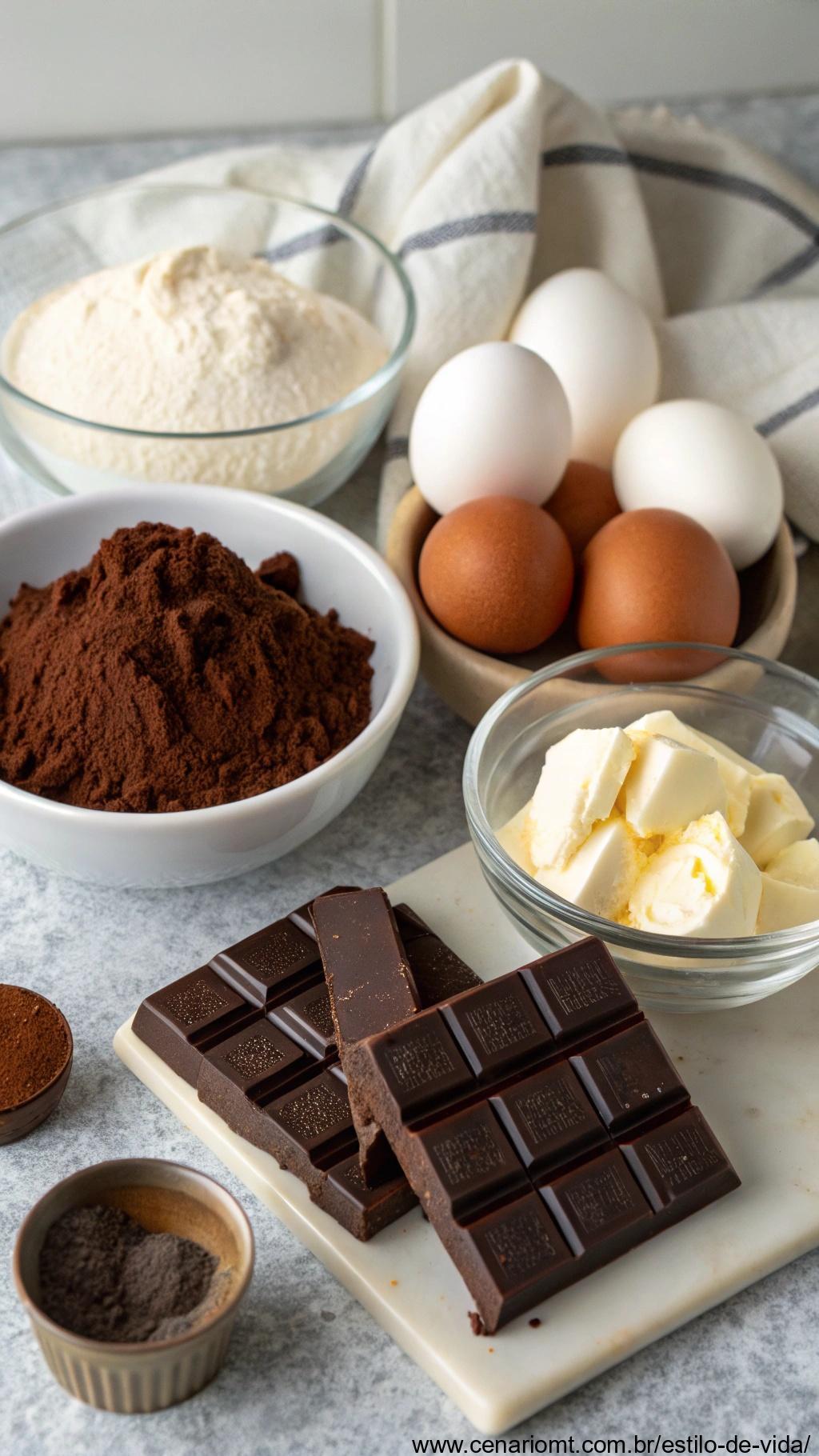 Seleção de ingredientes para o bolo de chocolate trufado, incluindo cacau, chocolate amargo, manteiga, ovos e creme fresco.