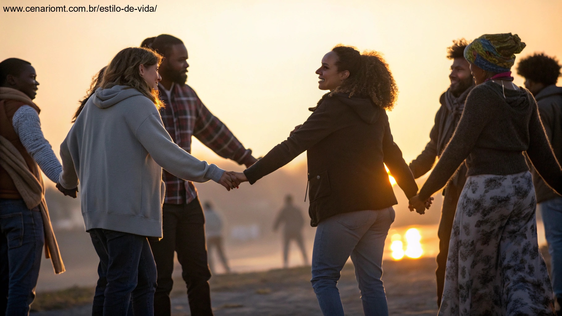 Um grupo de pessoas diversas de mãos dadas em um círculo, cercadas por uma luz quente e brilhante, simbolizando amor e esperança se espalhando ao seu redor.