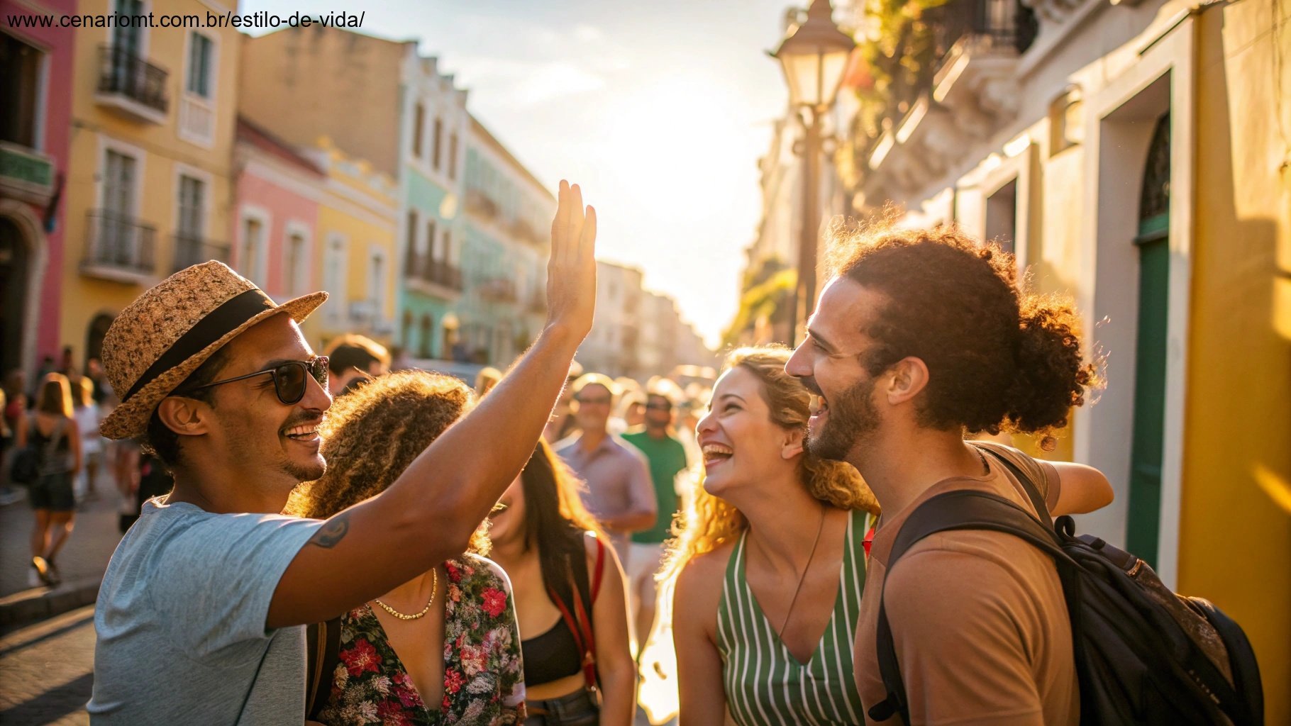 Cena vibrante de pessoas sorrindo e compartilhando boas energias em uma rua iluminada pelo sol.