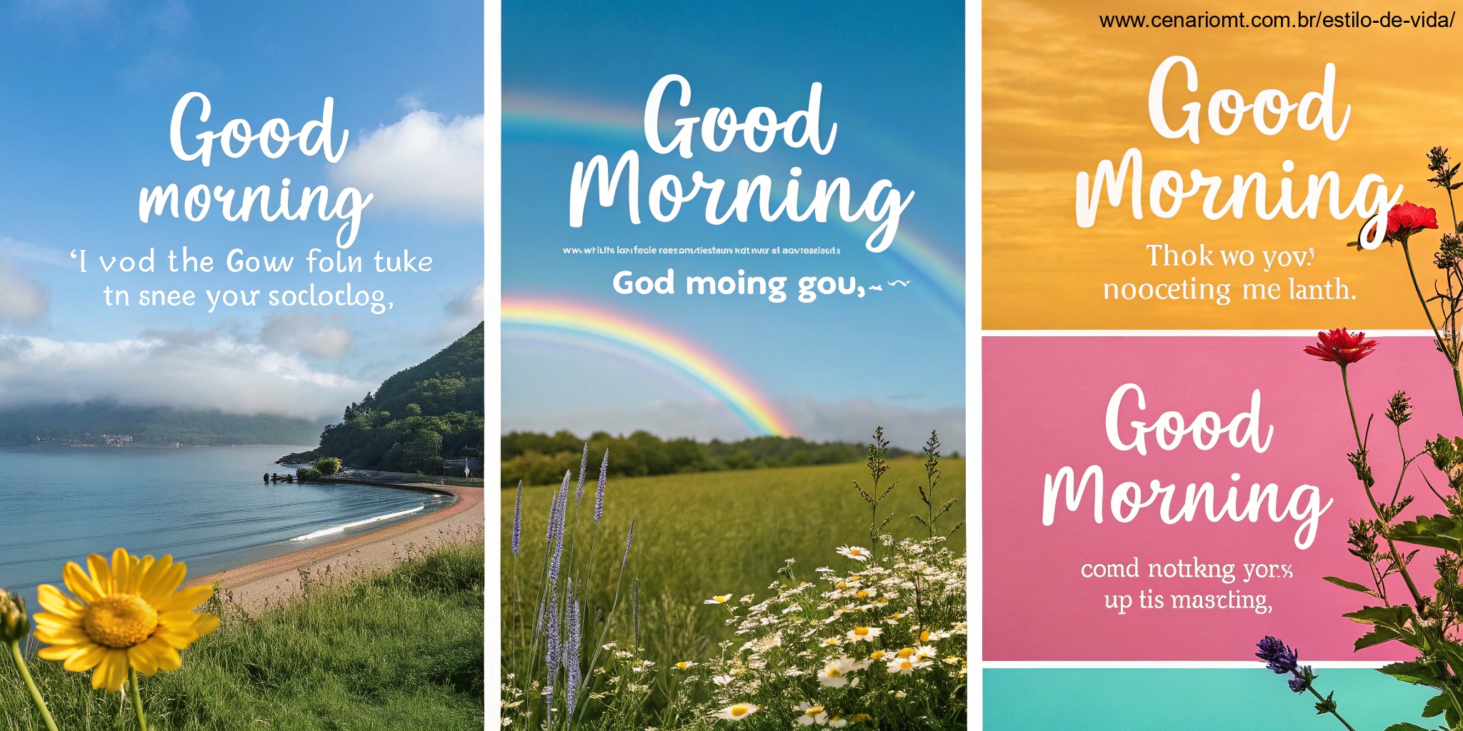 Colagem de diferentes mensagens de 'Bom Dia' com fundos coloridos e citações motivacionais.