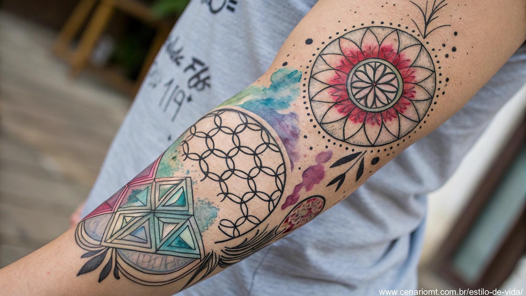 Uma tatuagem criativa e abstrata combinando vários estilos artísticos