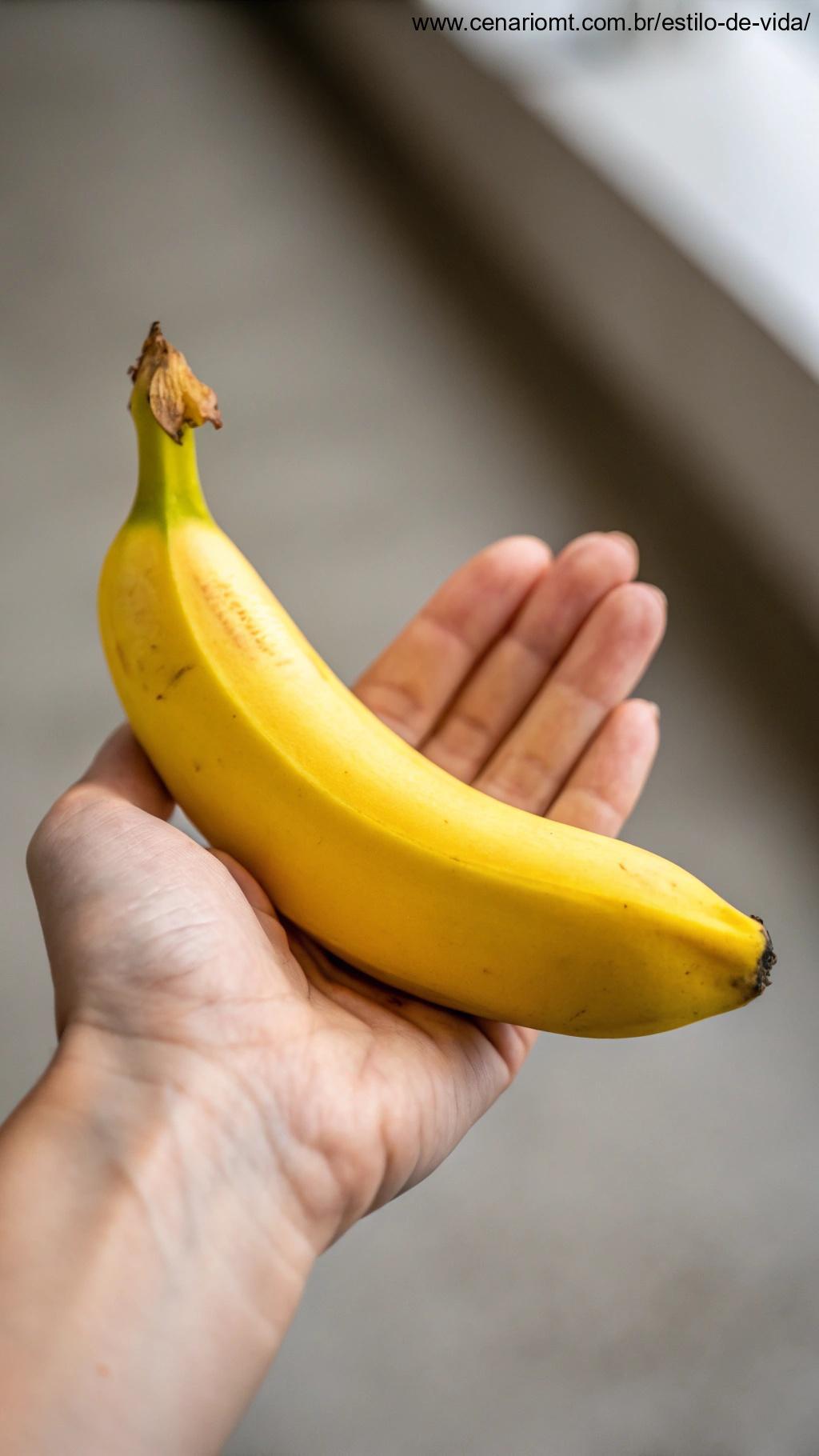 Banana sendo segurada por uma mão, simbolizando a facilidade de consumo.