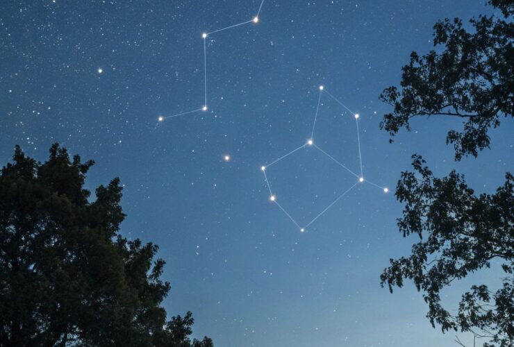 Céu noturno sereno com a fase da lua nova, cercado por estrelas e o contorno sutil da constelação de Aquário, transmitindo calma e introspecção.