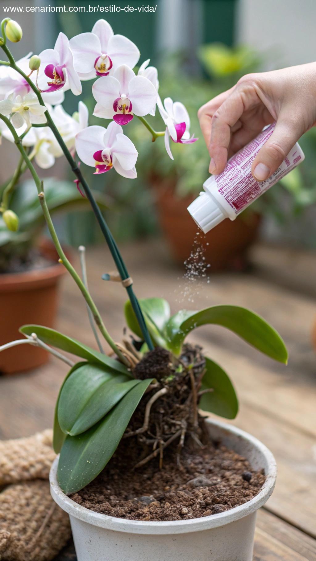 Uma mão aplicando uma pequena quantidade de fertilizante para orquídeas no substrato ao redor da base de uma planta de orquídea florida