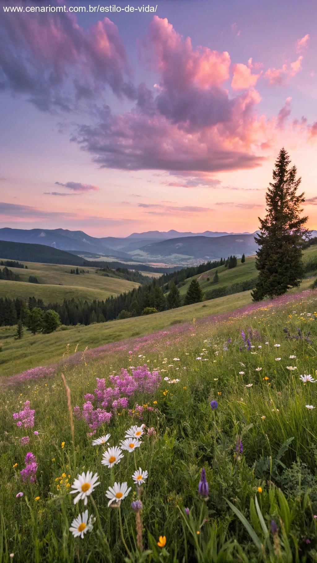 Paisagem serena representando o novo mês, com flores desabrochando.