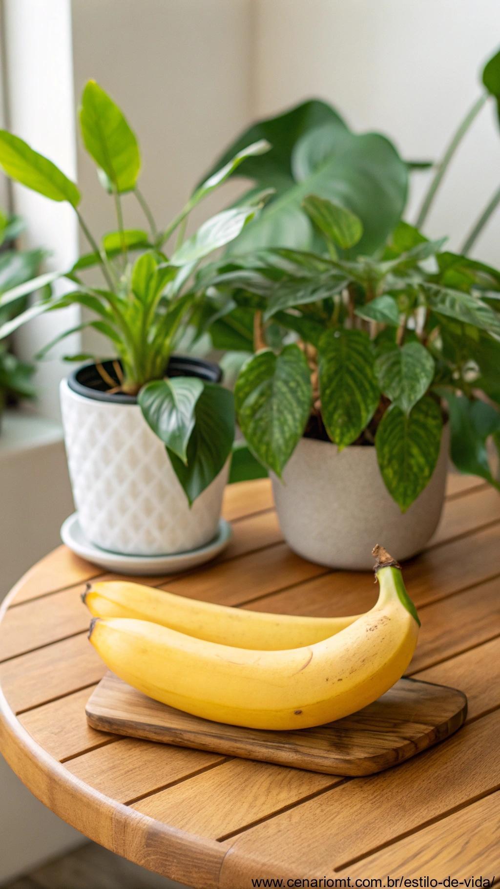 Banana fresca em uma mesa de madeira com uma planta ao fundo, representando energia natural.
