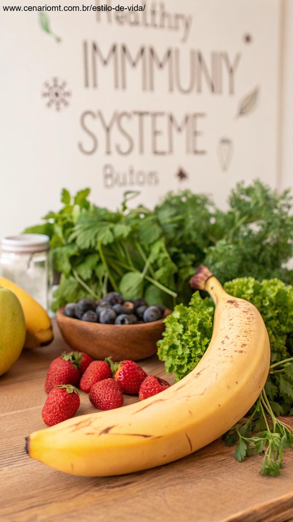 Banana sobre uma mesa de madeira com ervas e frutas frescas ao fundo, simbolizando sistema imunológico forte.