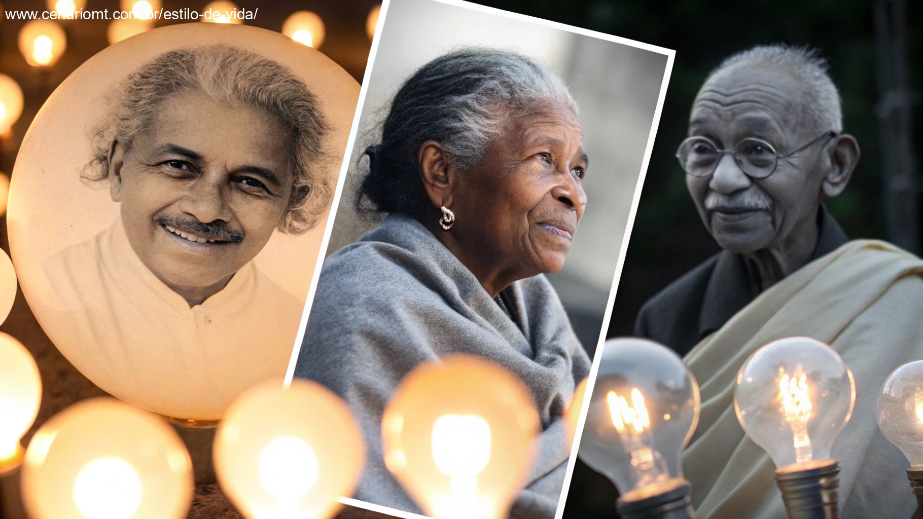 Uma colagem de figuras icônicas como Einstein, Maya Angelou e Gandhi, cercadas por luz brilhante, representando citações inspiradoras de personalidades.