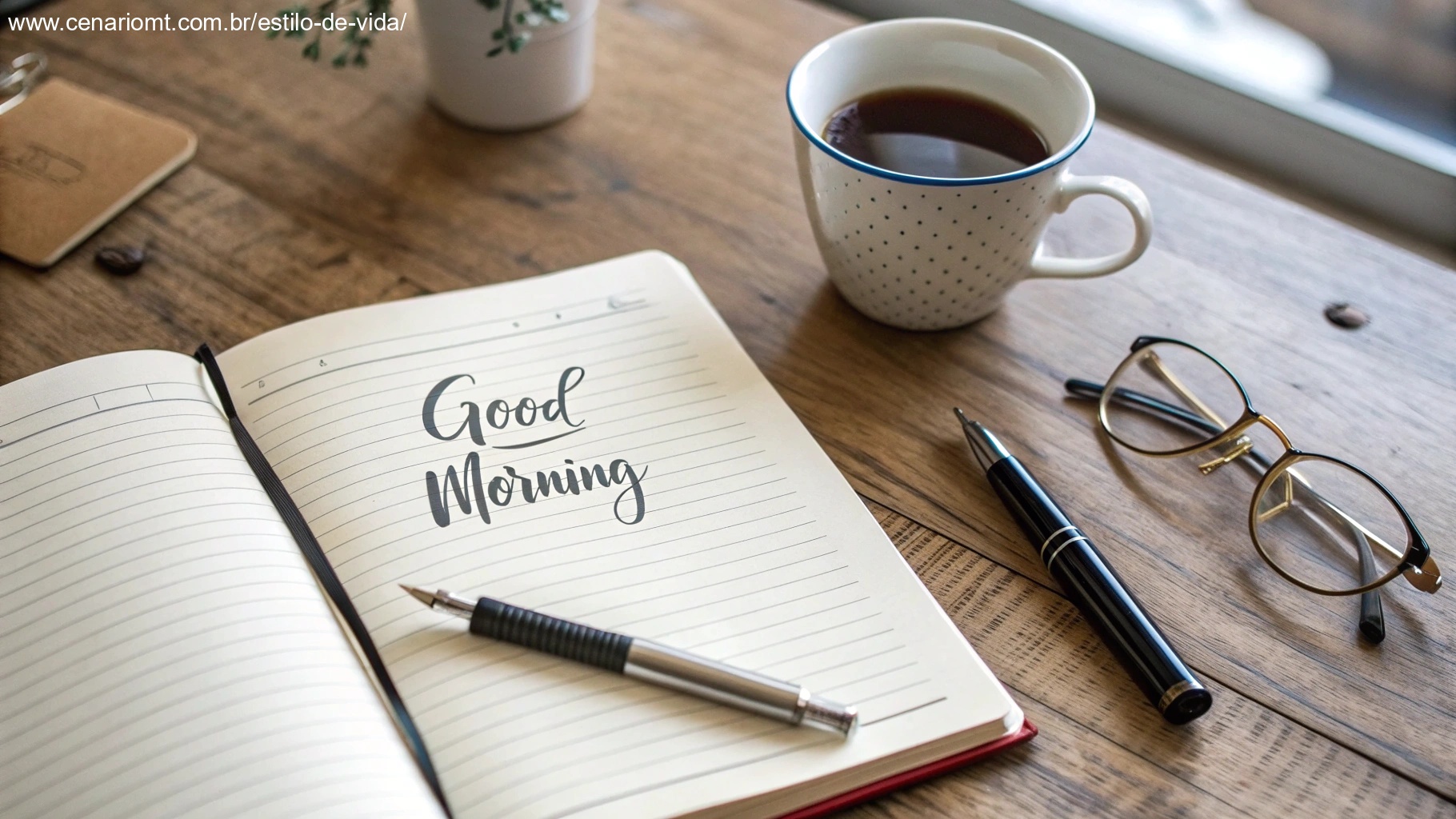 Um caderno aberto em uma página com citações inspiradoras escritas à mão de forma elegante, cercado por uma xícara de café, um par de óculos e uma caneta, simbolizando frases inspiradoras para uma mensagem de bom dia.