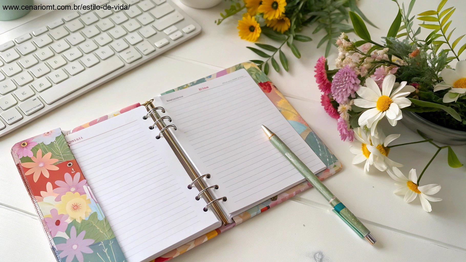 Caderno colorido aberto em uma mesa com uma caneta ao lado, cercado por flores e luz natural, representando frases inspiradoras para Quinta-Feira.
