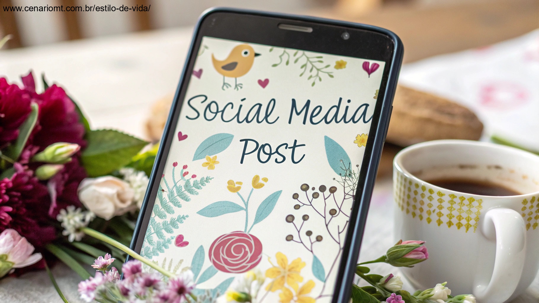 Tela colorida de smartphone exibindo uma postagem de rede social com uma citação inspiradora, cercada por flores e uma xícara de café, ideal para compartilhar nas redes sociais.
