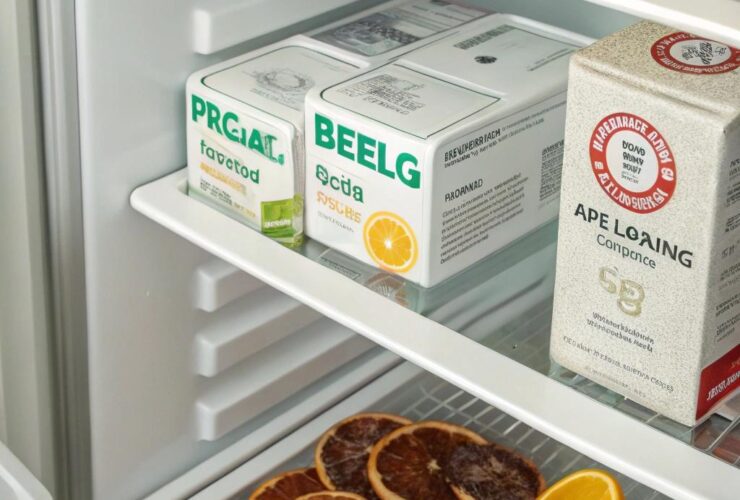Geladeira moderna com itens naturais que absorvem odores, como bicarbonato de sódio, carvão ativado e cascas de frutas cítricas, organizados nas prateleiras