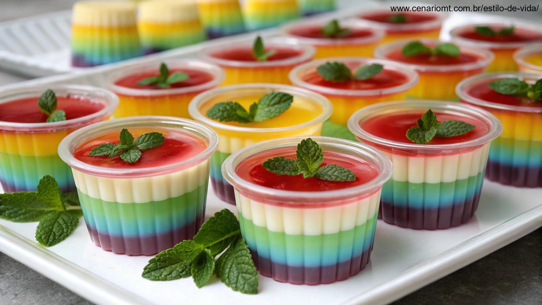 Gelatina colorida em copos individuais, decorada com folhas de hortelã