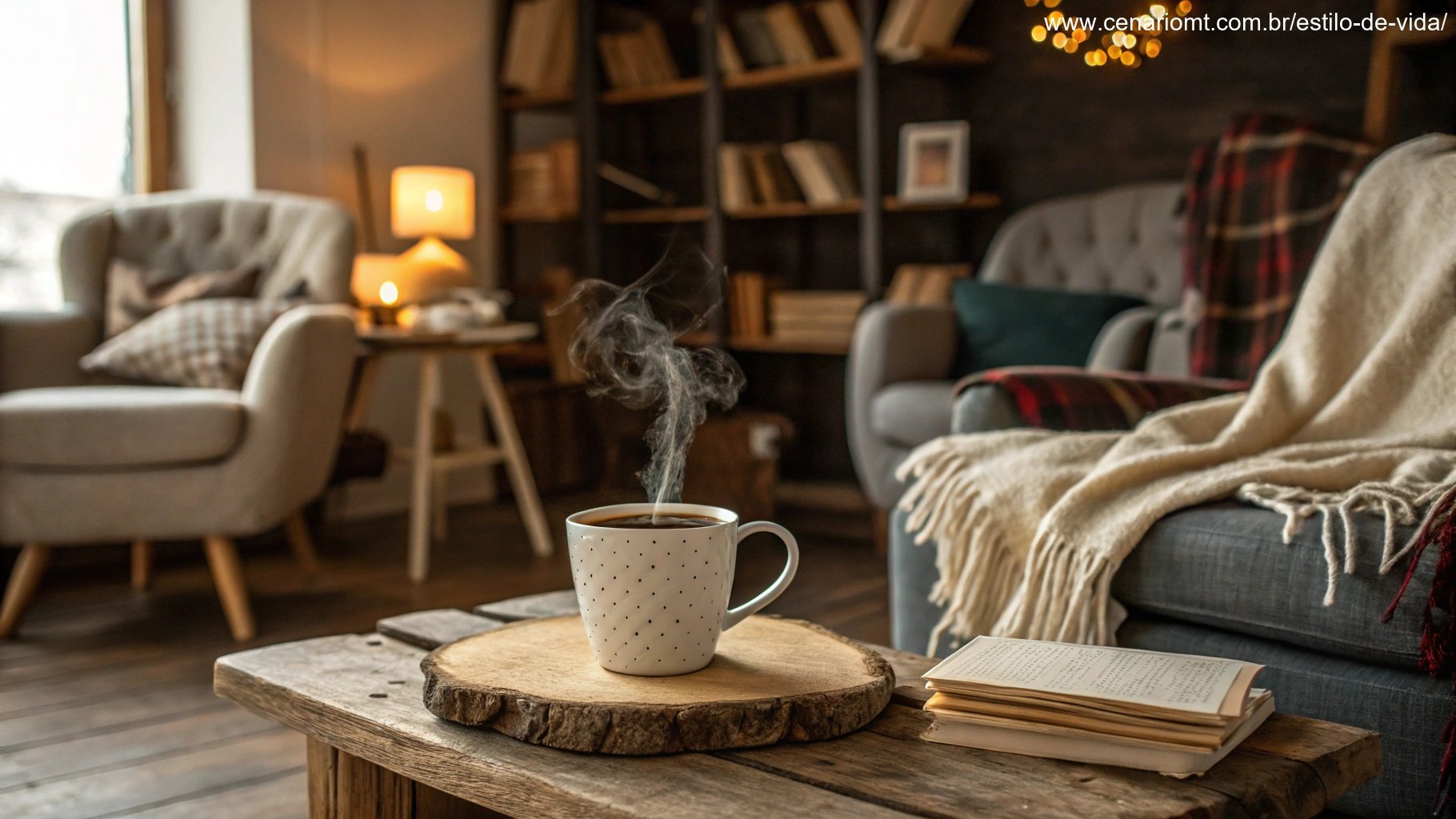 Momento contemplativo de gratidão com uma xícara de café fumegante sobre uma mesa rústica em um ambiente acolhedor.