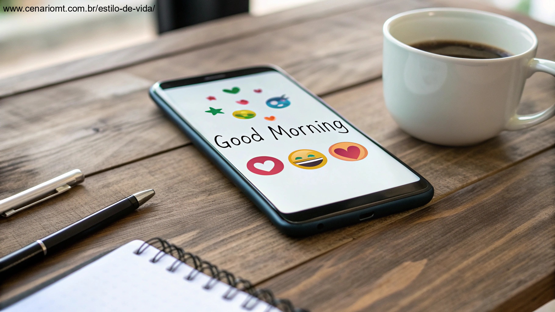 Tela de um smartphone exibindo uma mensagem de bom dia colorida com emojis, colocada sobre uma mesa de madeira ao lado de uma xícara de café e um caderno, sugerindo ideias para compartilhar mensagens de bom dia.