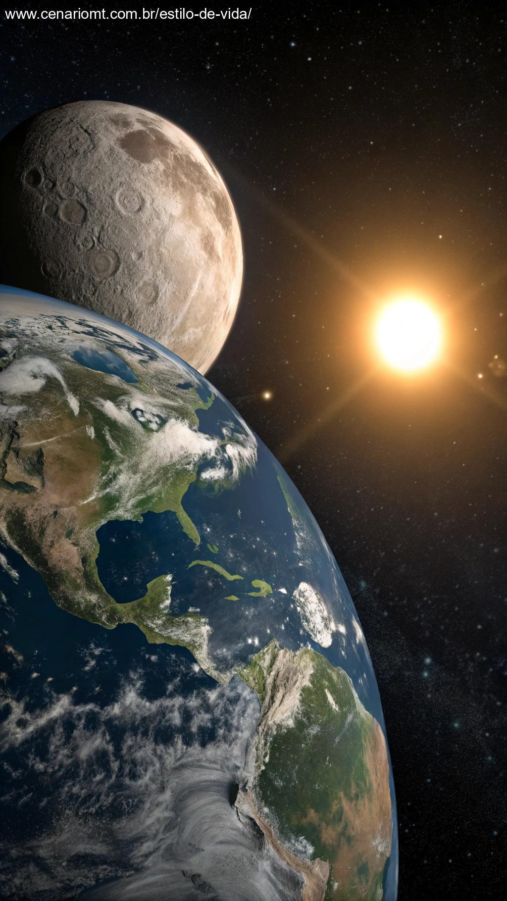 Representação da Terra e da lua durante a fase da Lua Nova, mostrando seu alinhamento e efeitos gravitacionais