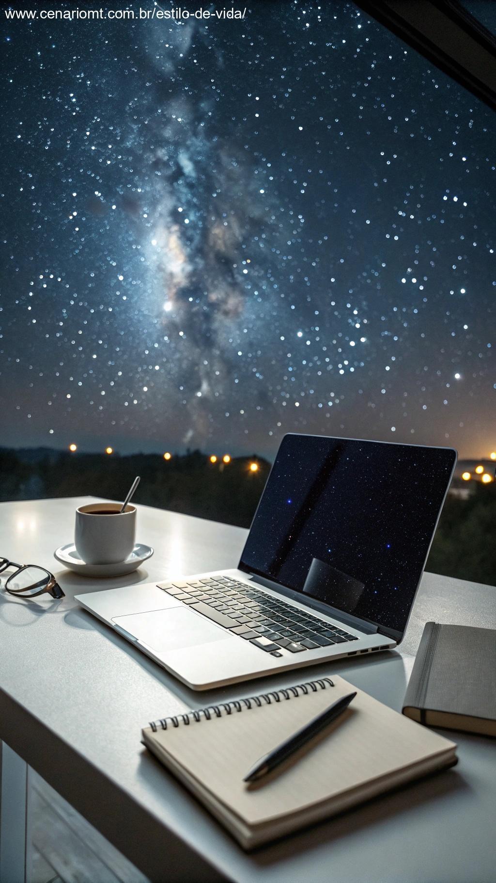 Uma mesa com um laptop, um caderno e uma xícara de café, sob um céu estrelado, representando foco e planejamento para metas de carreira e finanças durante a lua nova.