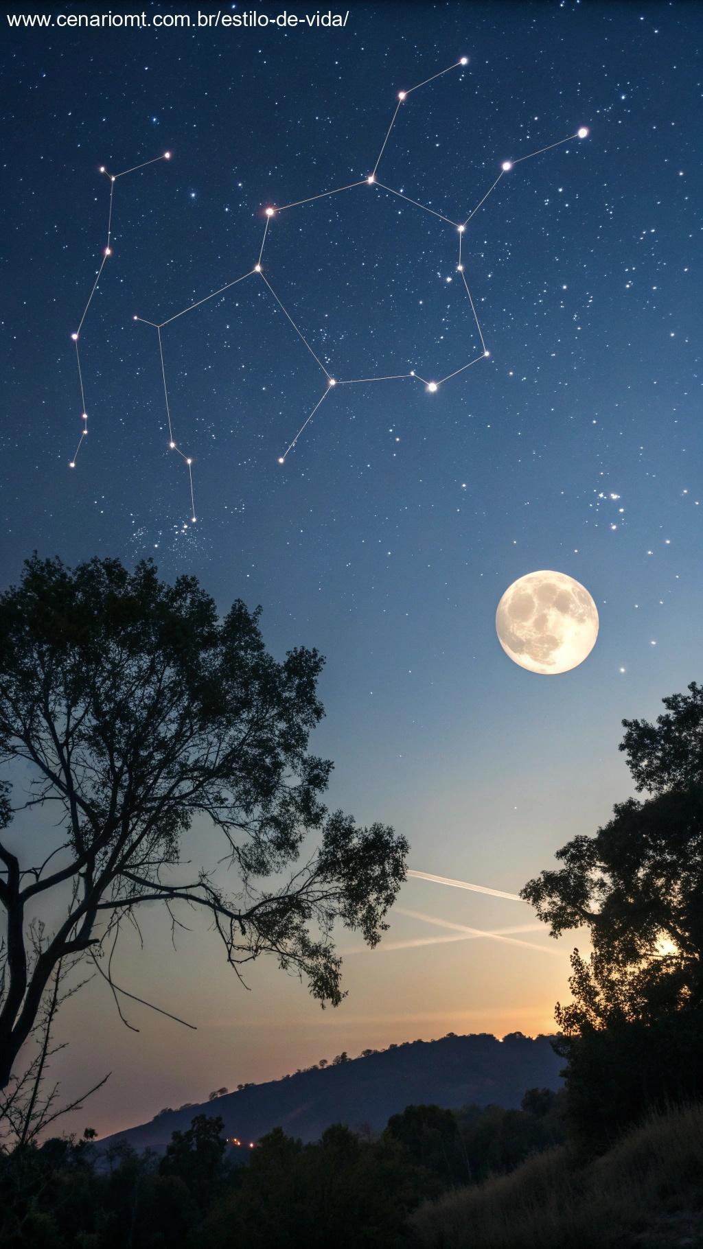Céu iluminado pela lua com constelações destacadas