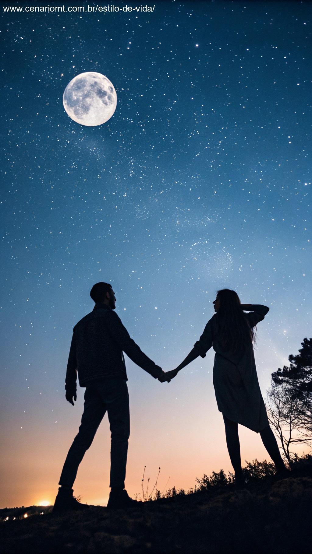 Duas silhuetas sob um céu estrelado, de mãos dadas, simbolizando o fortalecimento dos relacionamentos durante a lua nova em Aquário.