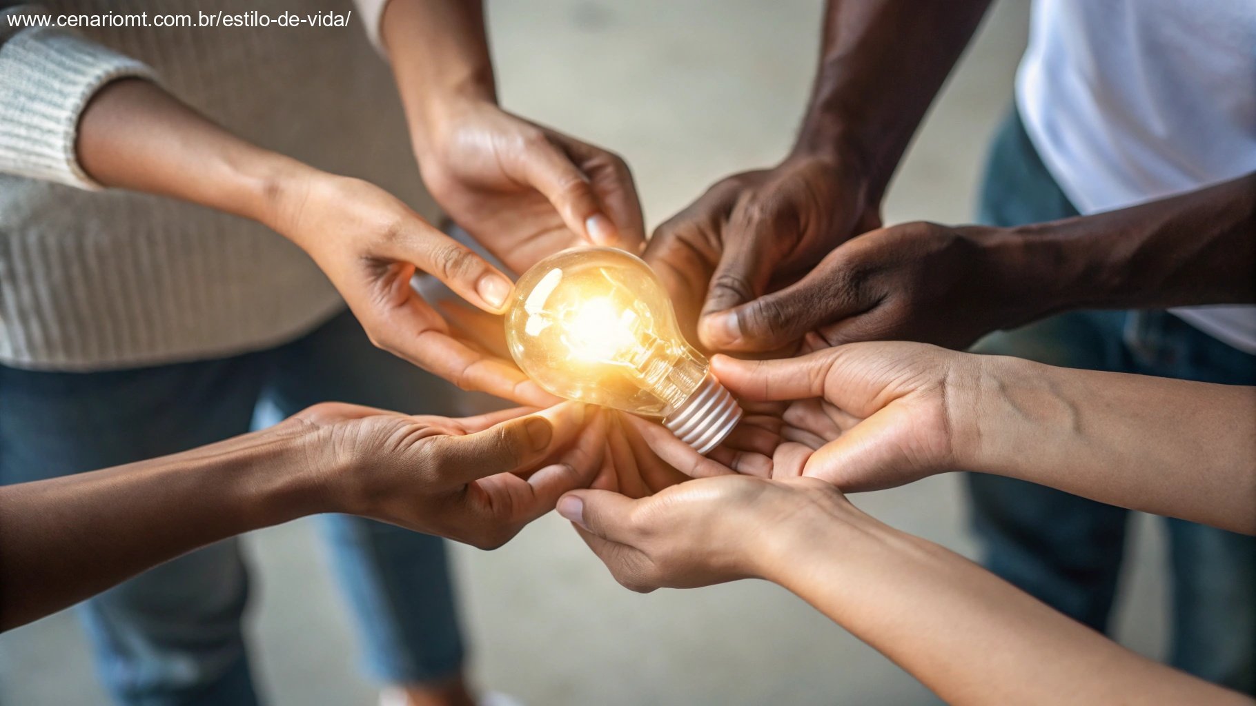 Grupo de mãos segurando uma luz brilhante, simbolizando compartilhamento de inspiração.