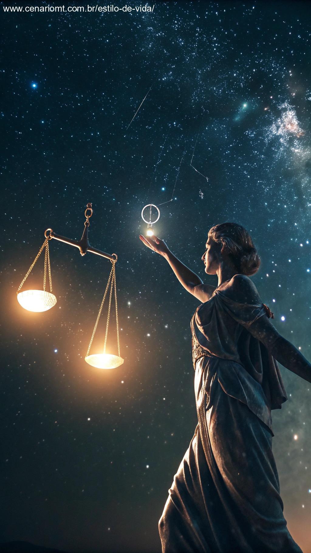 Libra equilibrando duas esferas brilhantes em um ambiente cósmico