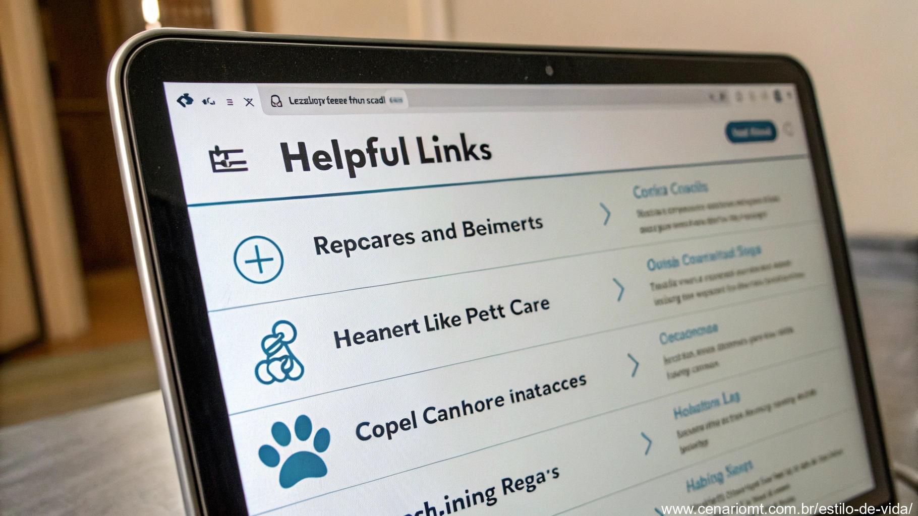lista de links úteis exibidos na tela, como sites e recursos para cuidados com animais de estimação