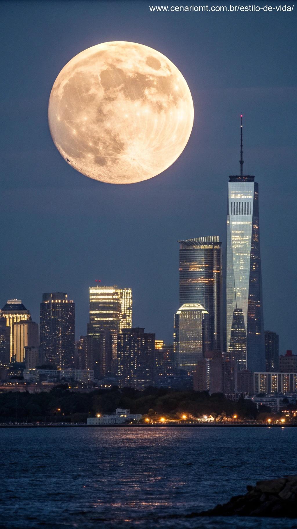 Lua brilhante sobre o horizonte de uma cidade