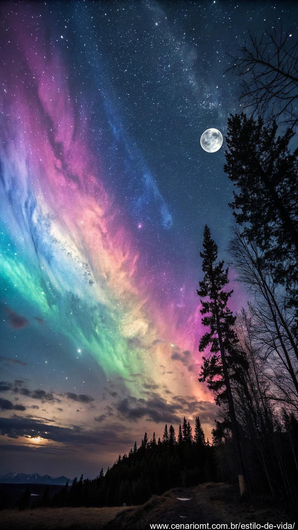 Céu noturno vibrante com cores espirais ao redor da lua