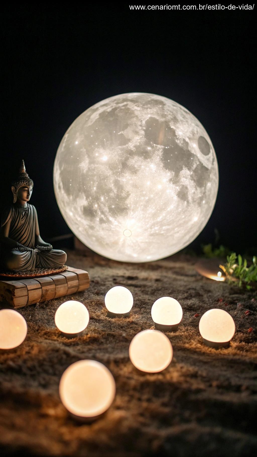 Lua mística cercada por orbes brilhantes