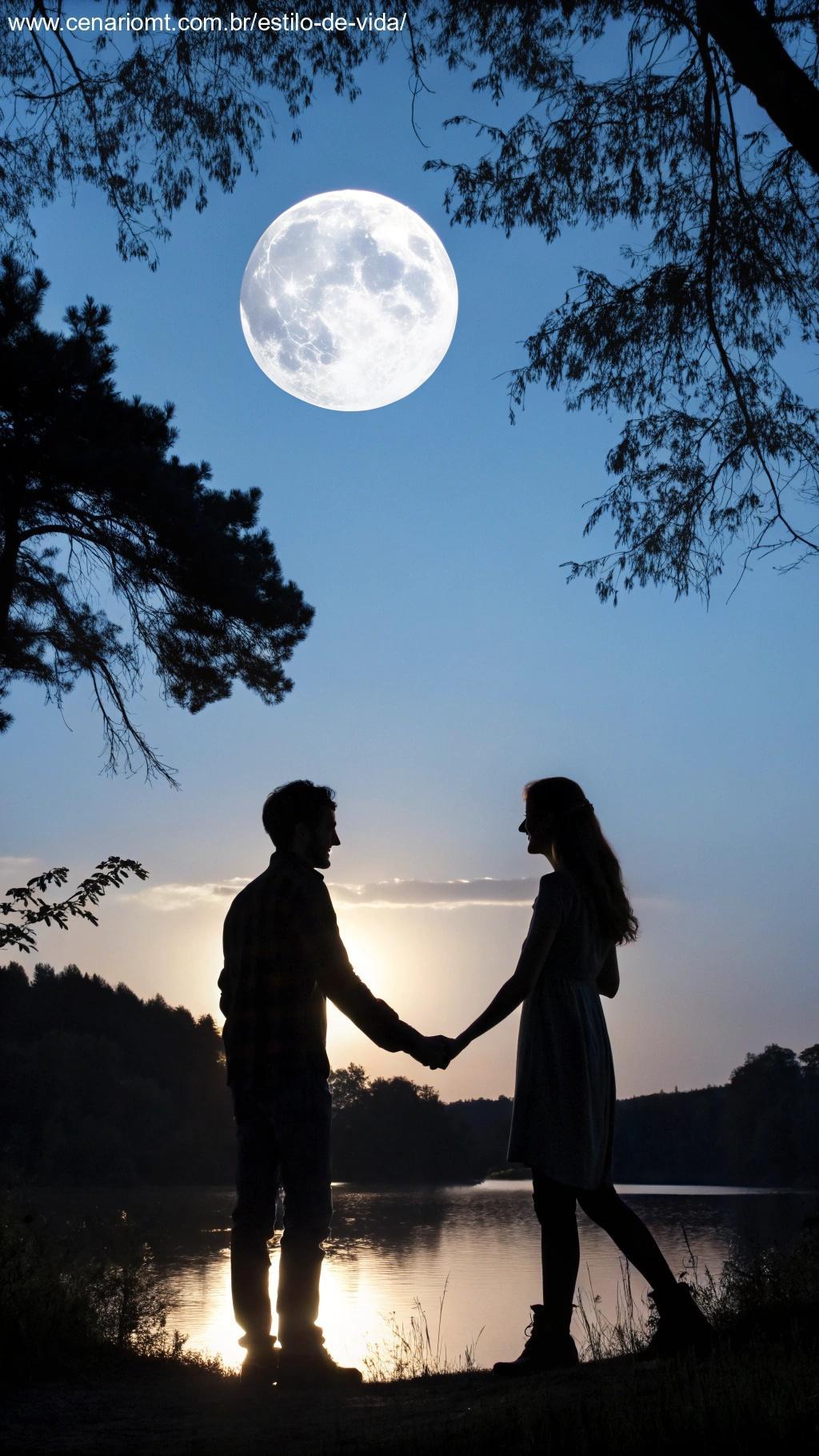Cena romântica sob a luz da lua com duas silhuetas