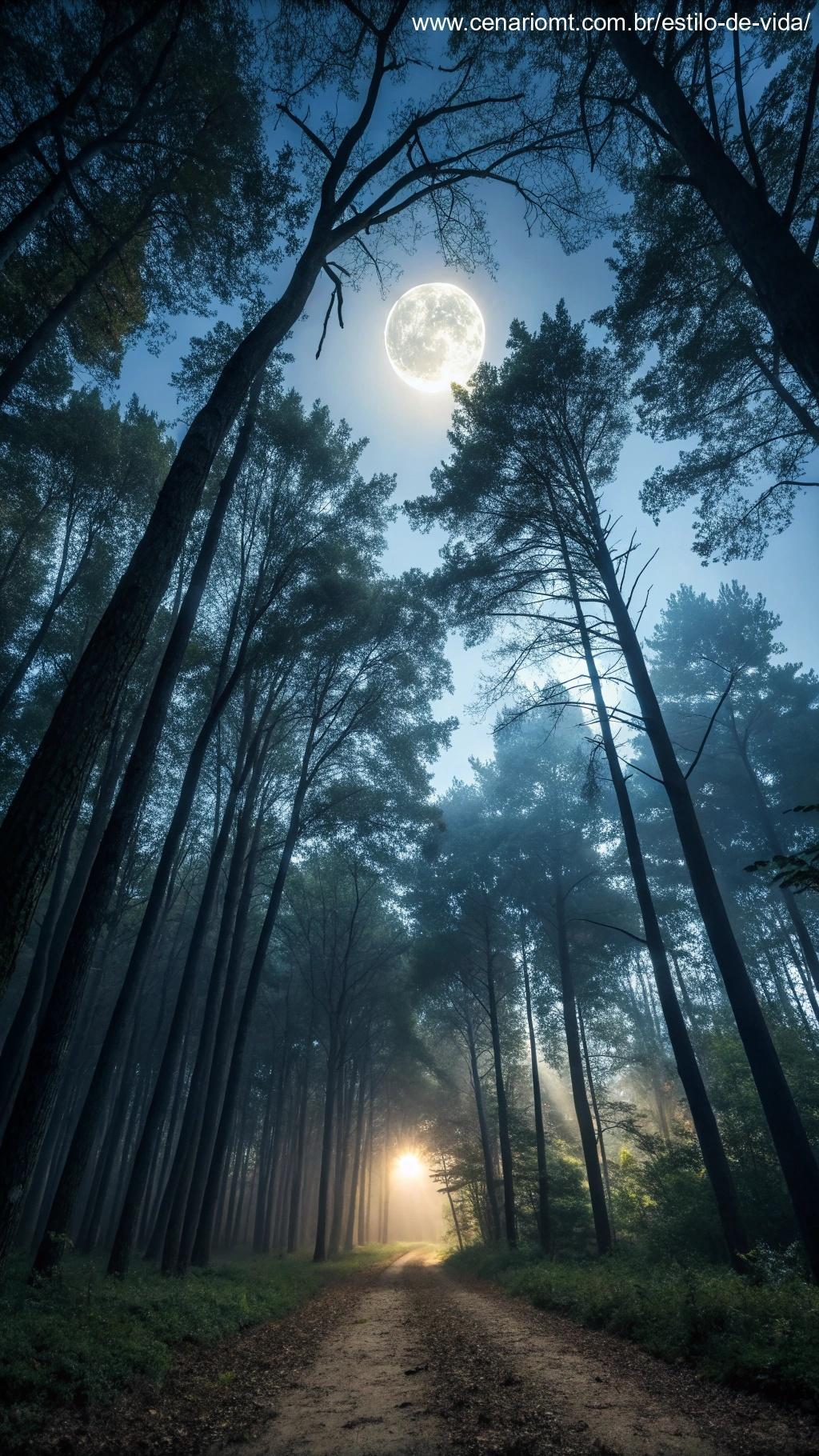 Floresta iluminada pela lua, transmitindo calma e equilíbrio