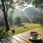 Cena tranquila de domingo com raios de sol iluminando um jardim sereno e uma xícara de café sobre uma mesa de madeira.
