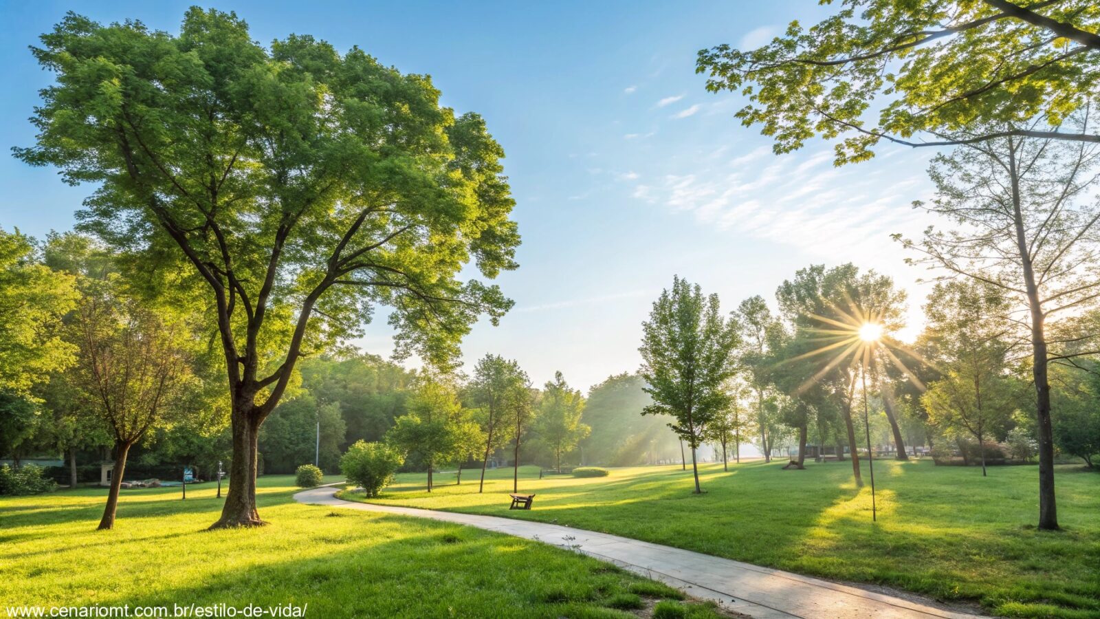 Imagem de um parque iluminado pelo sol ao amanhecer, representando energia positiva e novos começos