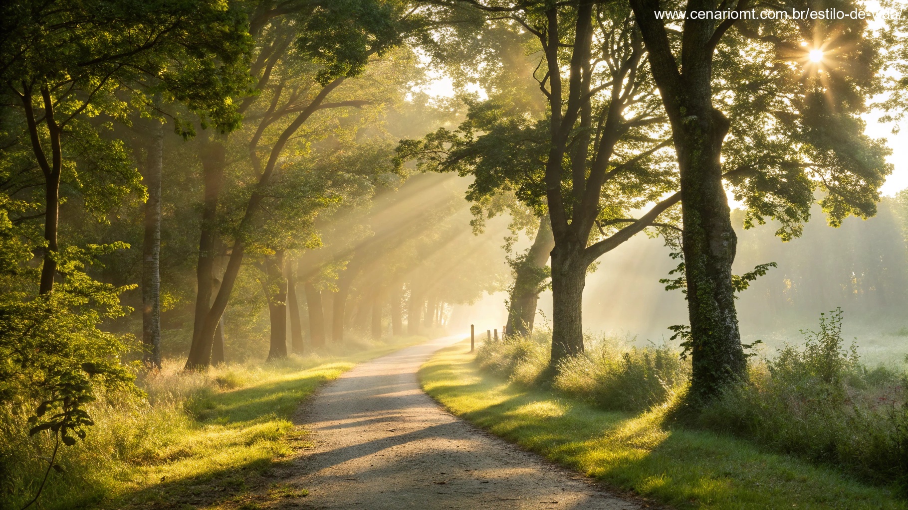 imagem de uma manhã serena com raios de sol atravessando árvores em um caminho de floresta, representando paz e inspiração